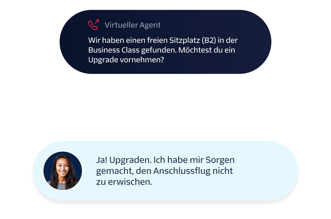A virtual agent conversation offering a business class upgrade with a passenger accepting the offer.