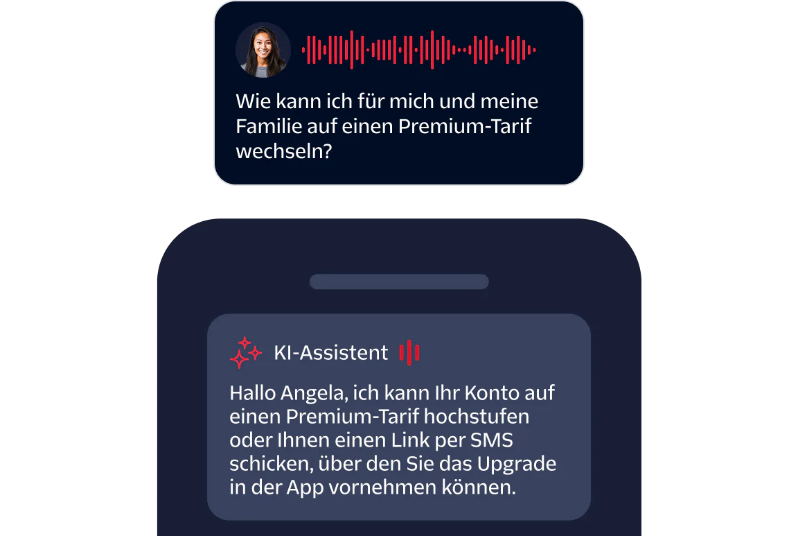 Chat interface showing user asking about premium plan upgrade and AI agent responding with options