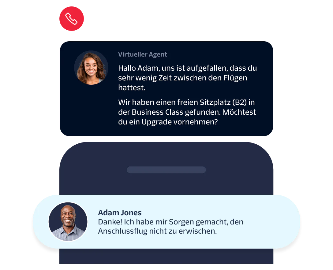 Virtual agent offers business class upgrade to concerned passenger Adam Jones in a chat interface.