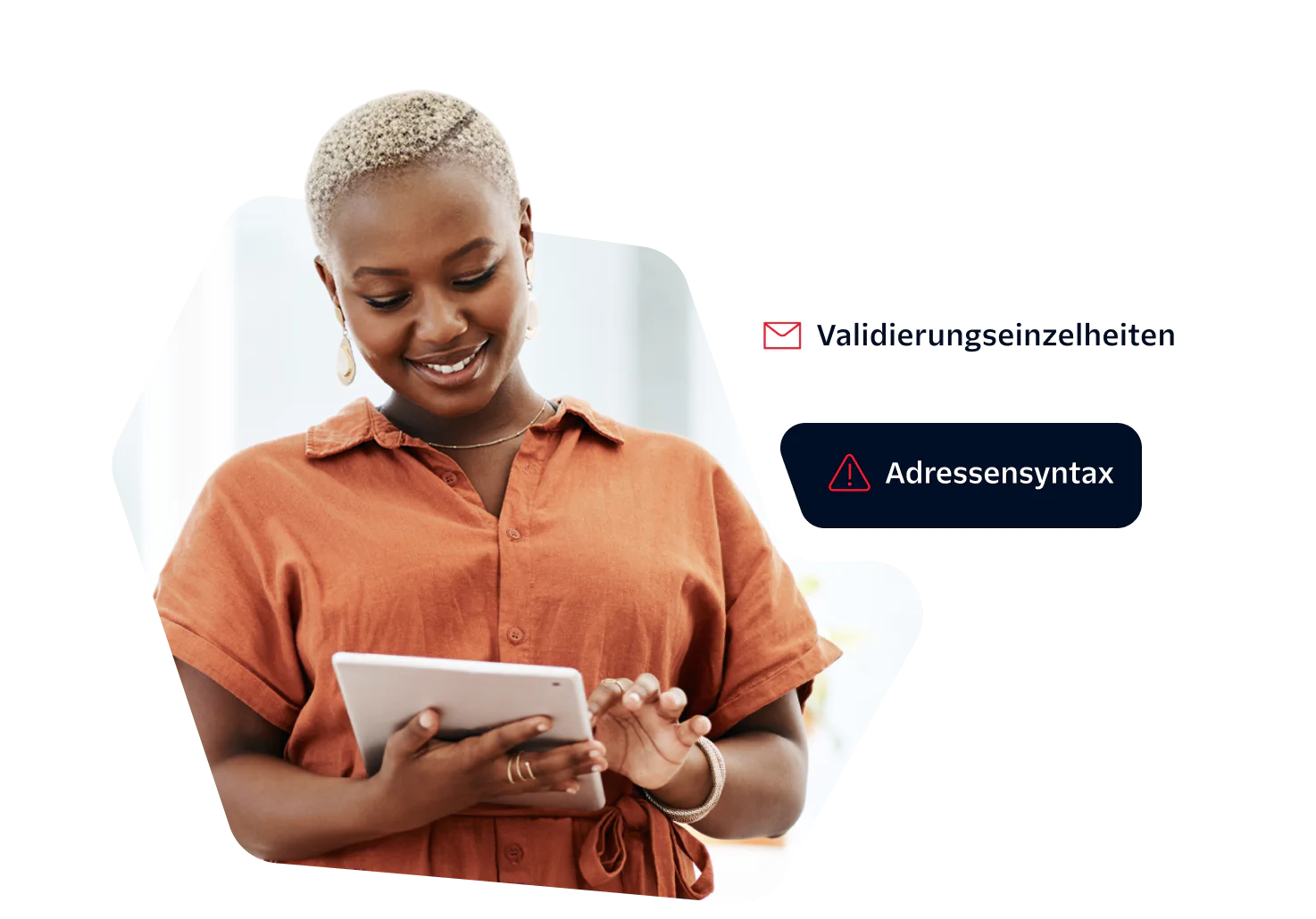 Woman in orange shirt smiles while using a tablet, validation details and address syntax shown.