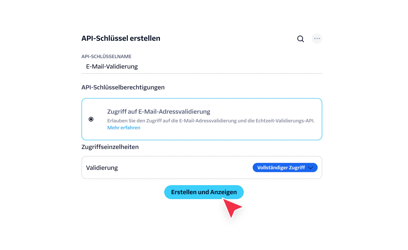 Interface for generating an API key with email validation permissions and access settings.