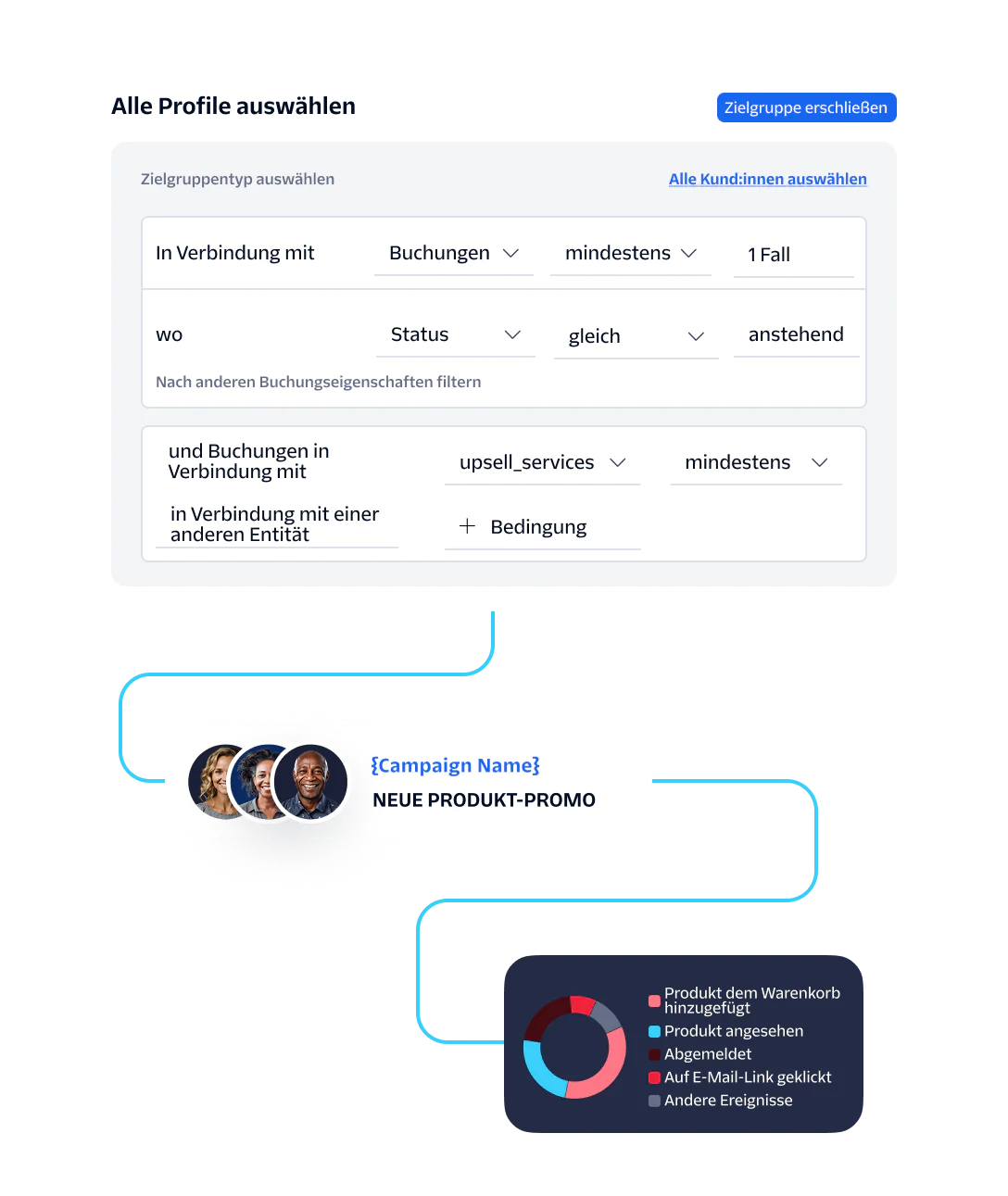 Audience Segmentation and Campaign Promotion Workflow UI interface for audience selection, campaign promotion flowchart, and analytics pie chart