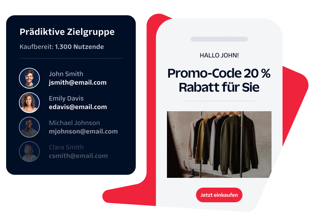 Marketing Dashboard and Promotional Offer for Predictive Audience Dashboard showing predictive audience and promo code offer for 20% off with a Shop now button