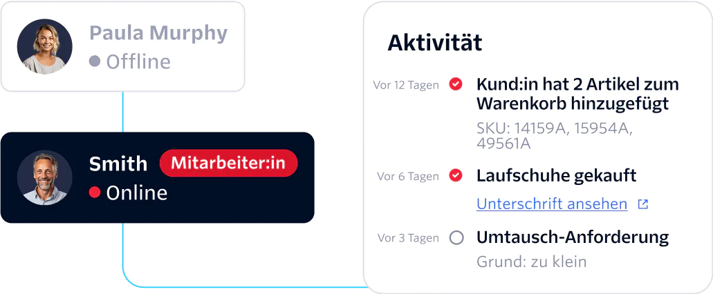 Dashboard showing two agent statuses and customer activity log with details of recent actions.
