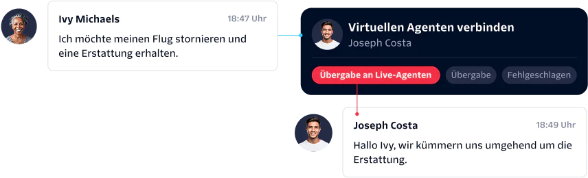 Customer Request for Flight Cancellation and Refund A customer asks a virtual agent to cancel a flight and get a refund; the request is handed off to a live agent.