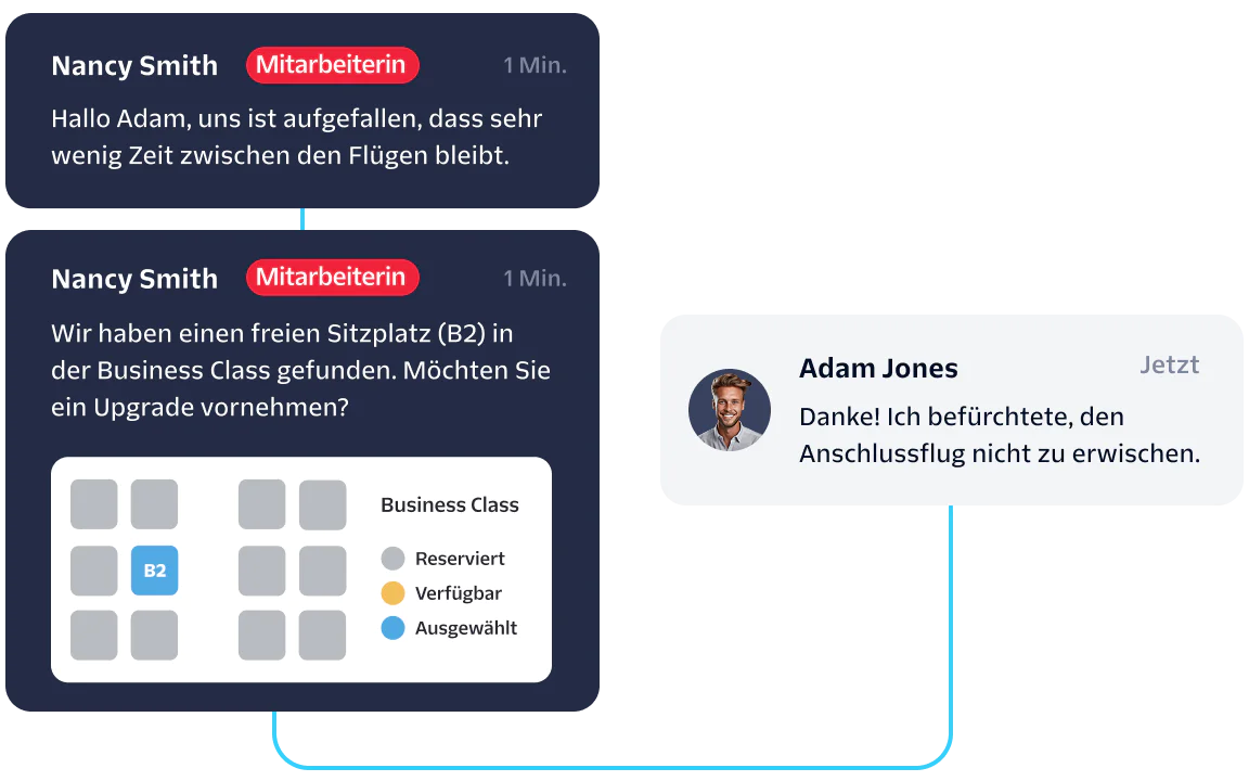 Chat between agent Nancy Smith and customer Adam Jones about upgrading to business class seat B2.