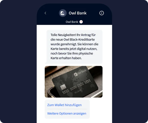 Smartphone screen displaying an approval message for a new Owl Bank Black credit card with an add to wallet option.