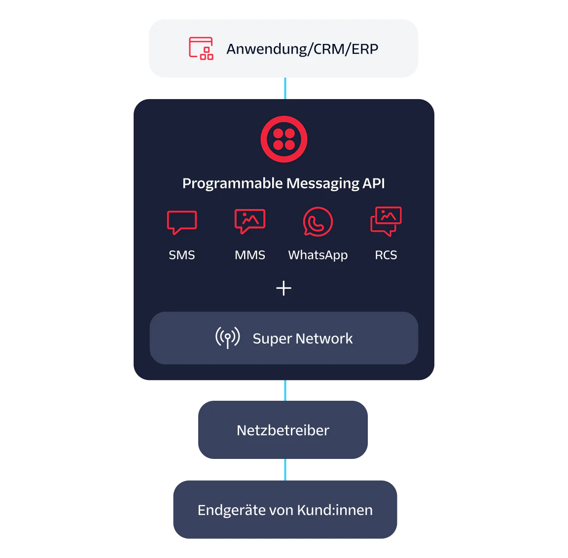 Diagram illustrating integration of CRM/ERP applications with carriers through a Programmable Messaging API.