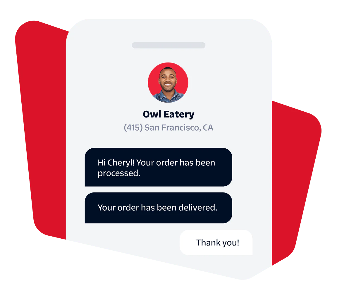 Food order notification from Owl Eatery to Cheryl with confirmation messages of order processing and delivery.