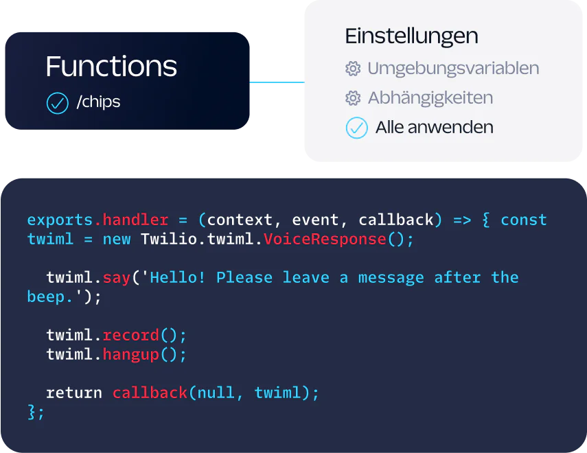 Code snippet for a Twilio function handling voice responses, with highlighted settings for deployment.