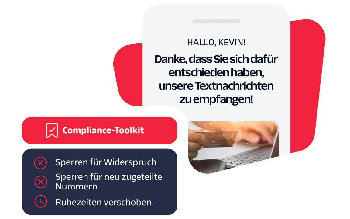 A phone screen showing a message thanking Kevin for opting in to receive text messages, with Compliance Toolkit details.