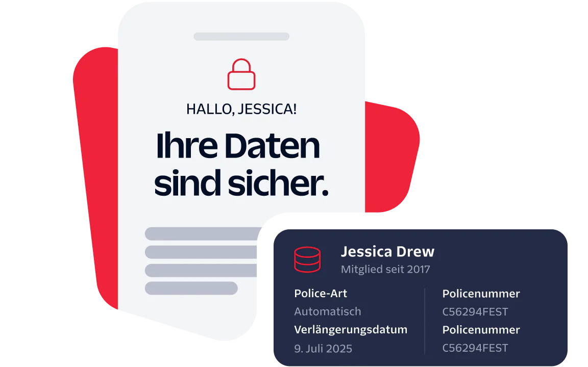 A digital card notifies Jessica Drew that her data is secured with policy details and renewal date.