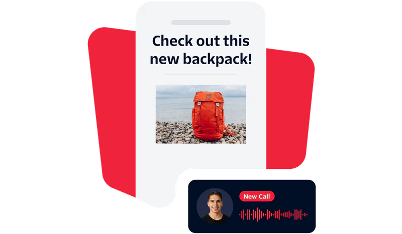 Promotional image of a new orange backpack on a rocky beach with an incoming call notification.