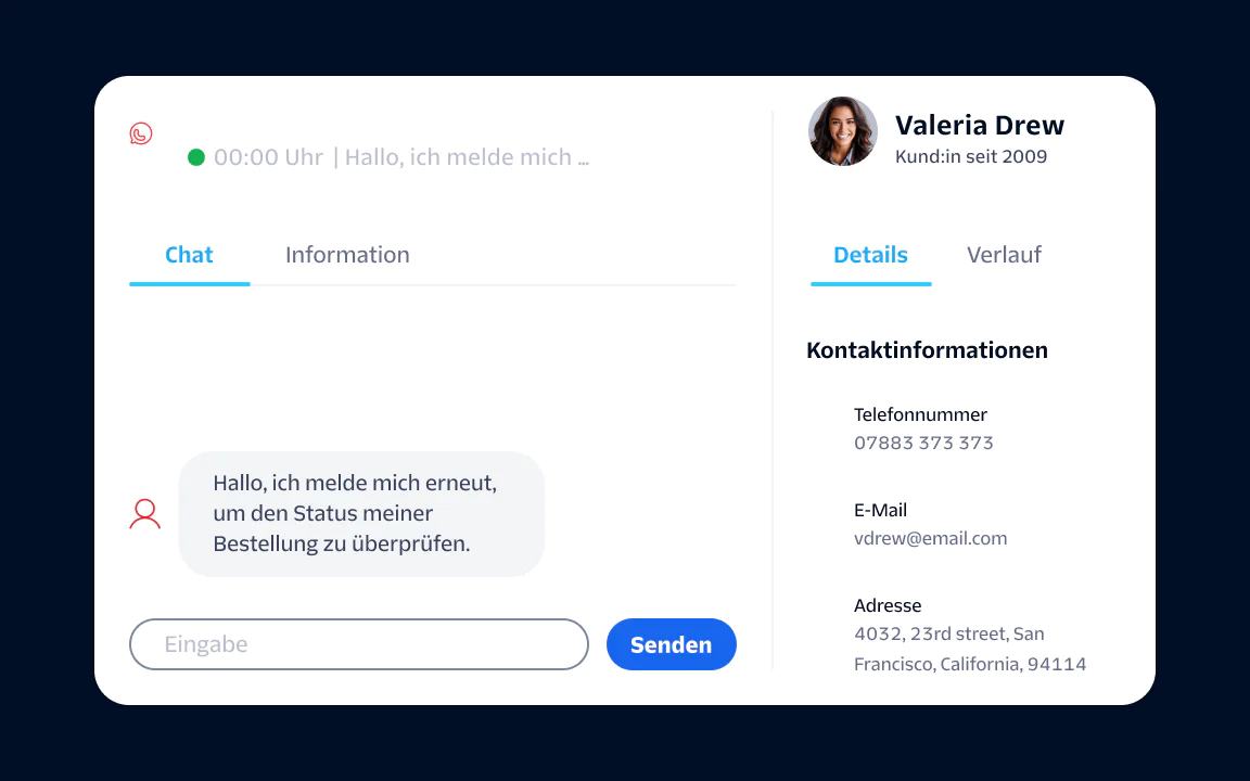 Customer Service Chat Interface with Contact Information A chat window showing a customer's message, contact details, and an info tab with Valeria Drew's profile.
