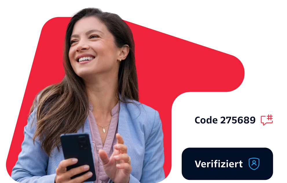 Smiling Woman Holding a Smartphone with Code and Verification Badge Woman in a blue blazer smiling and holding a phone with a verification code and badge displayed beside her.