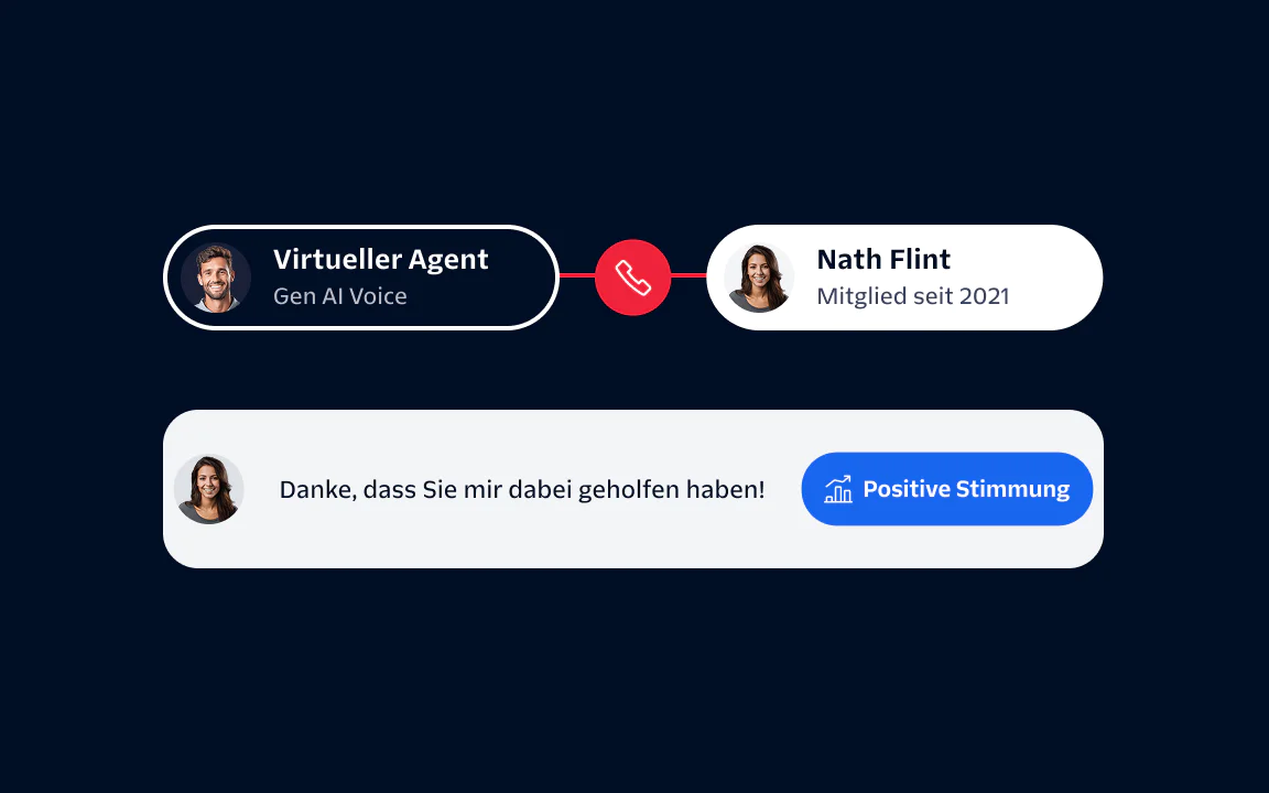 Chat interaction between Virtual Agent and member Nath Flint showcasing positive sentiment. Virtual Agent and Nath Flint in a chat interaction with Nath's message and a positive sentiment tag.