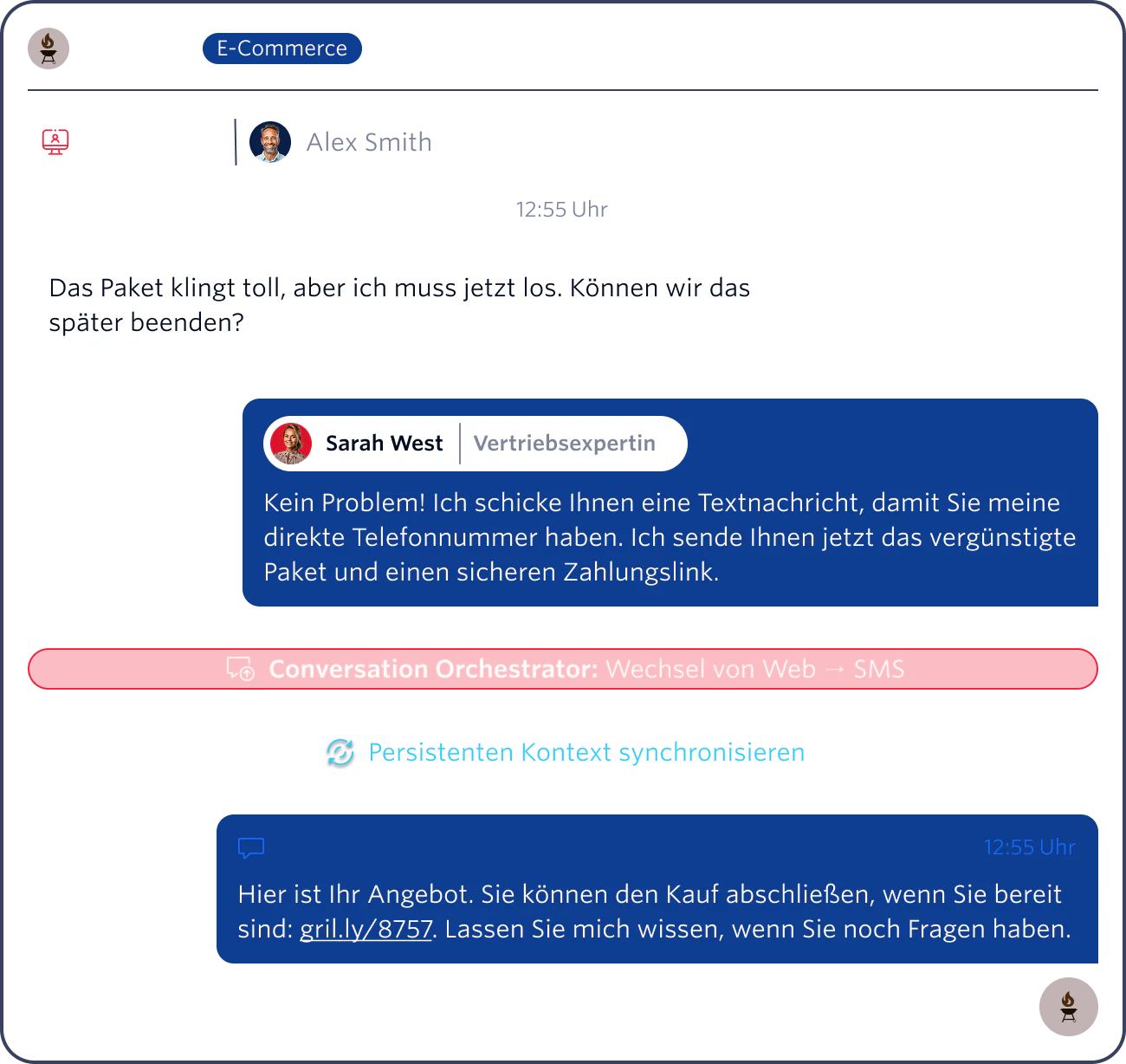 Chat between a customer and a sales expert about the Summit G4 Grill bundle with SMS follow-up link.