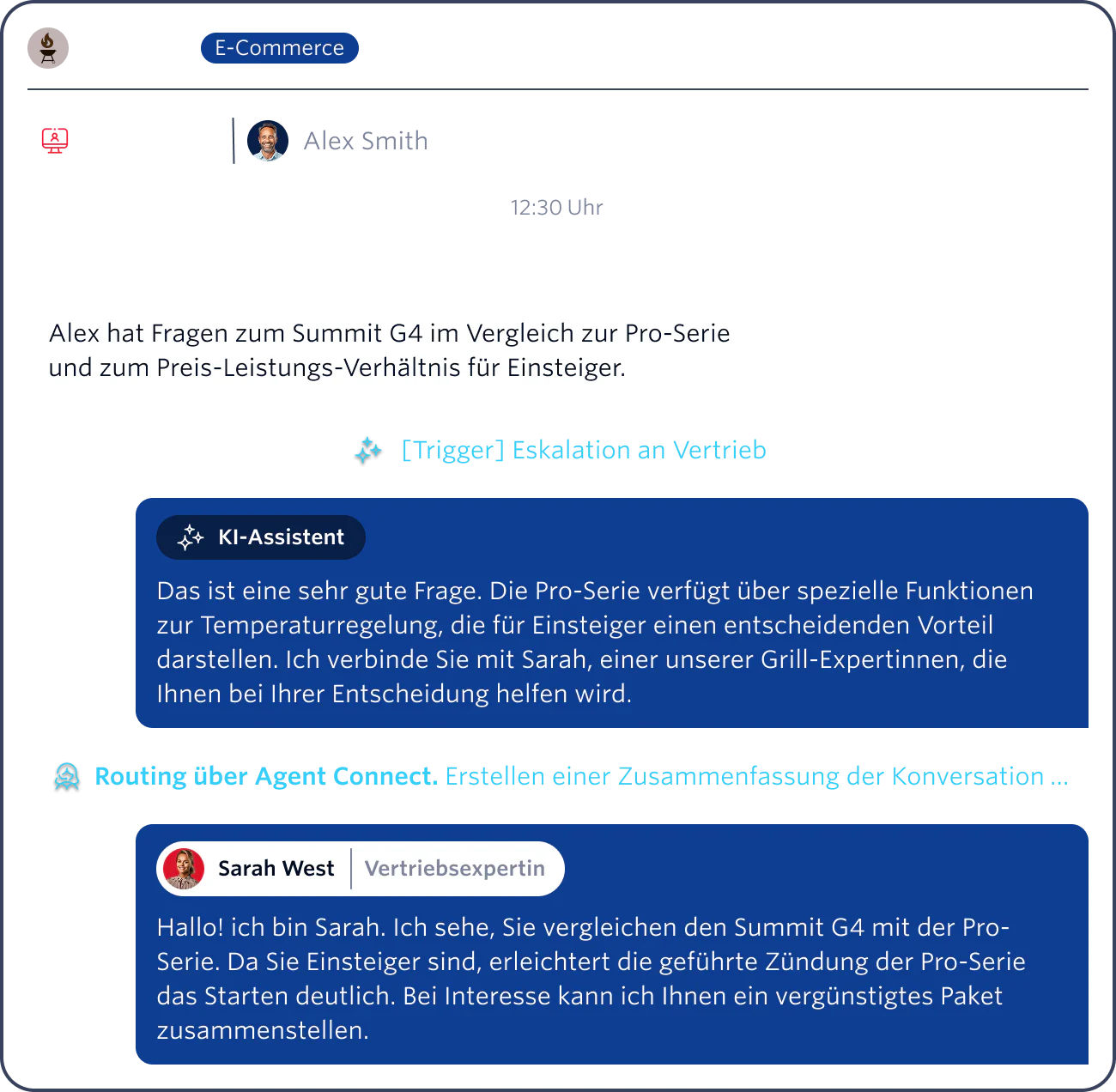 Screenshot of an AI and human agent assisting a customer in a web chat about the Summit G4 and Pro-Series grills.