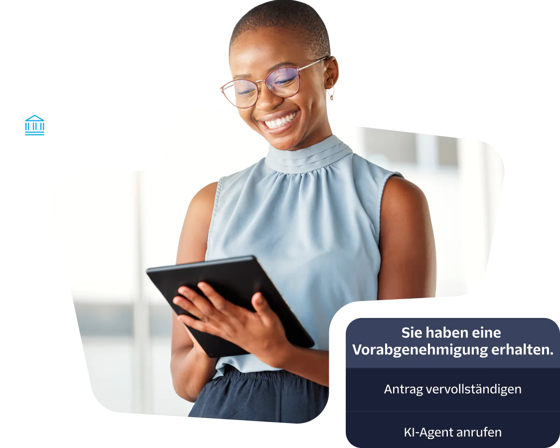 Smiling woman using a tablet for a loan application with Owl Loans and pre-approval notification.