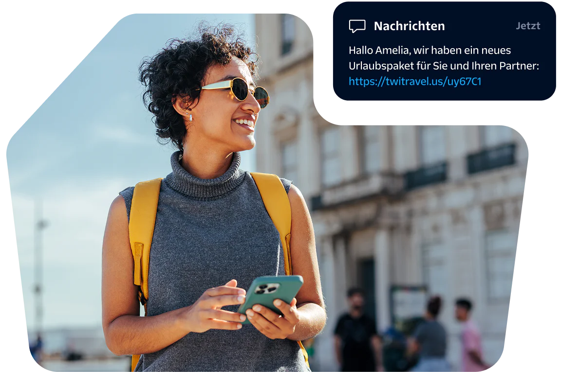 Woman with curly hair wearing sunglasses and a backpack, holding a phone, with a vacation offer text on screen.