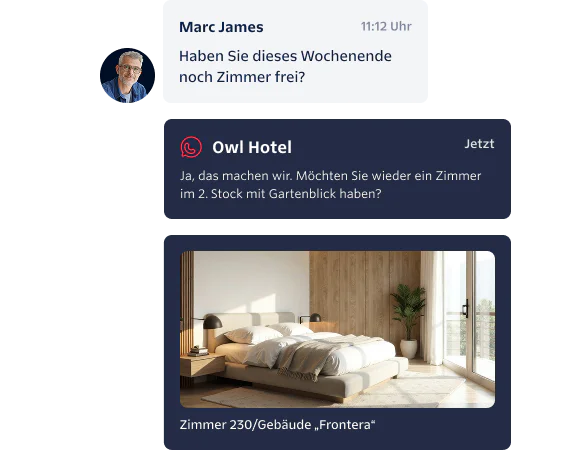 Chat between Marc James and Owl Hotel about room availability, showing an image of a hotel room.