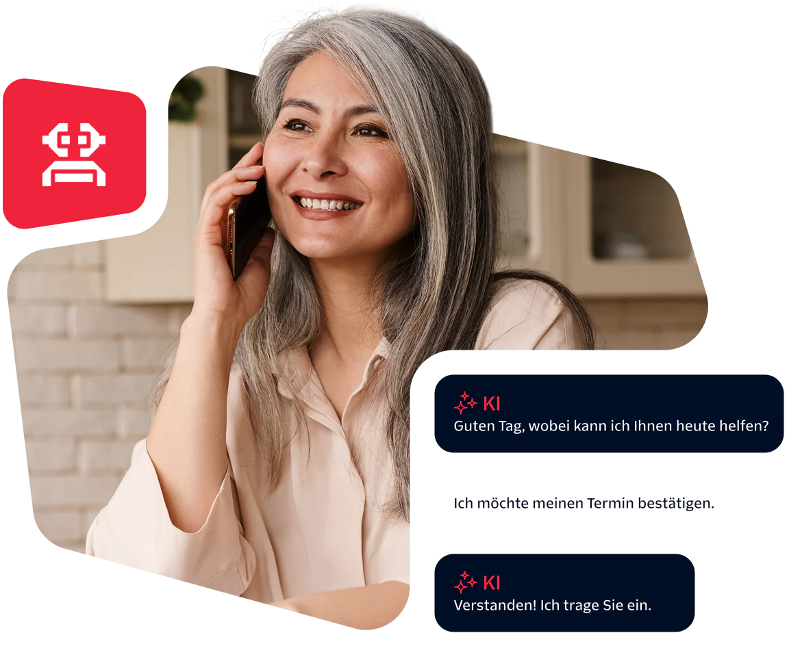Woman smiling while talking on phone with AI chat messages confirming an appointment.
