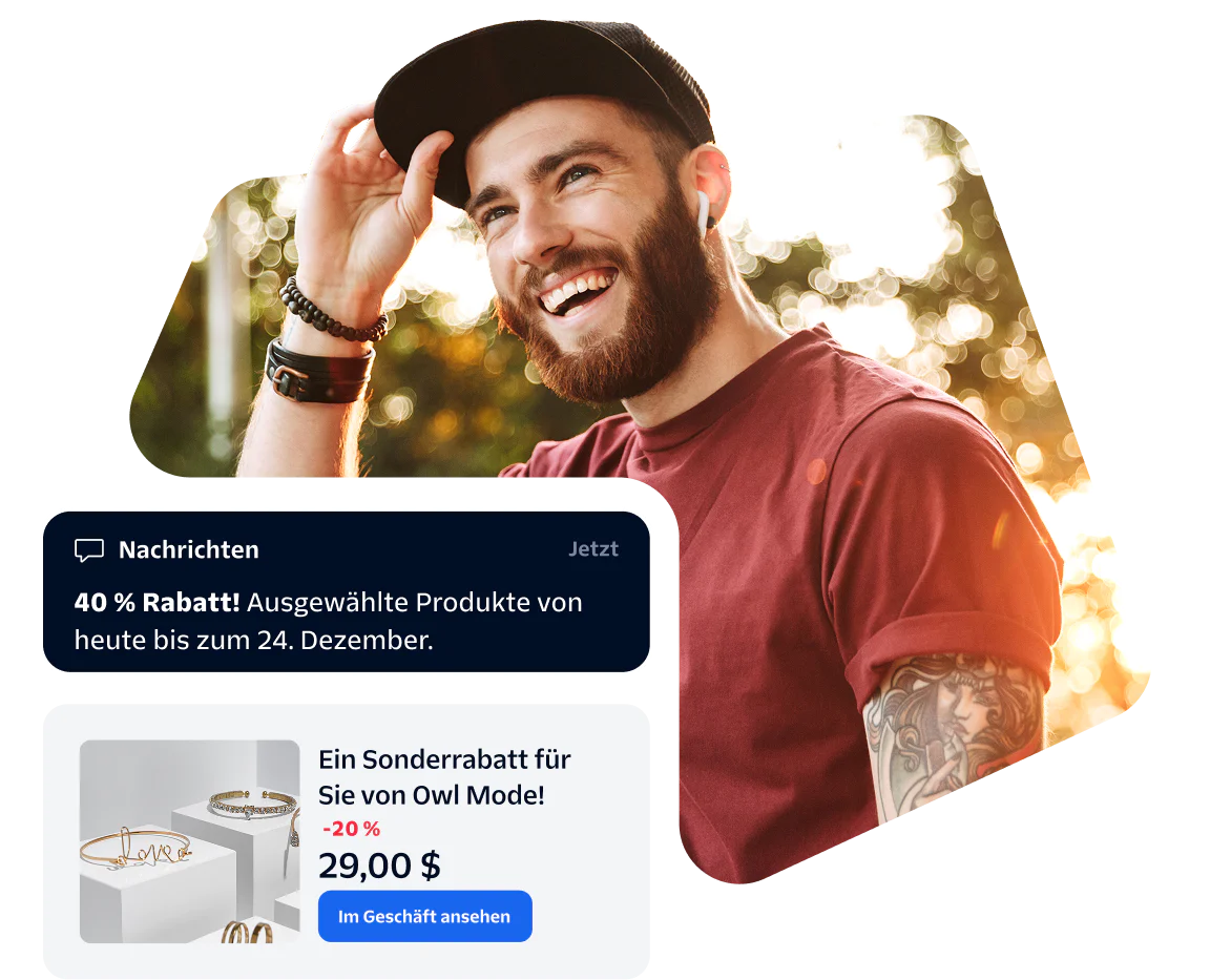 Smiling man wearing a red shirt with promotional messages about a 40% off sale and a special discount from Owl Boutique.