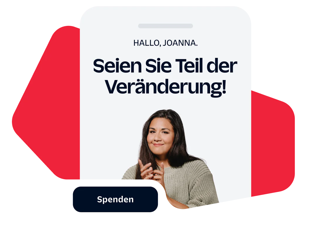 Woman in front of Be a part of the change! message with a donate button below.