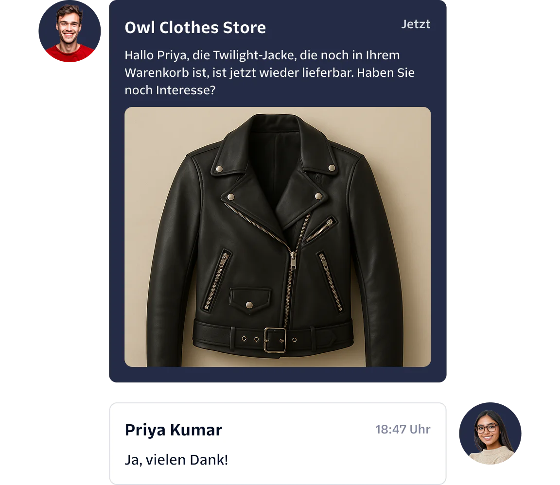 Women interacting at store counter with shopping bags and chat bubble about restocked item with link.