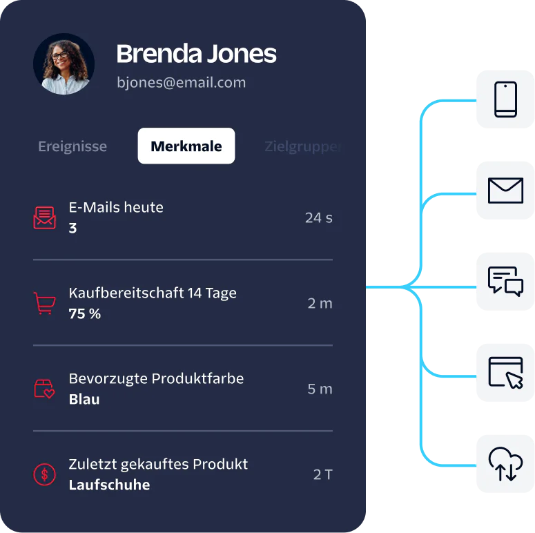 Dashboard displaying user traits such as email activity, purchase propensity, preferences and last product bought.