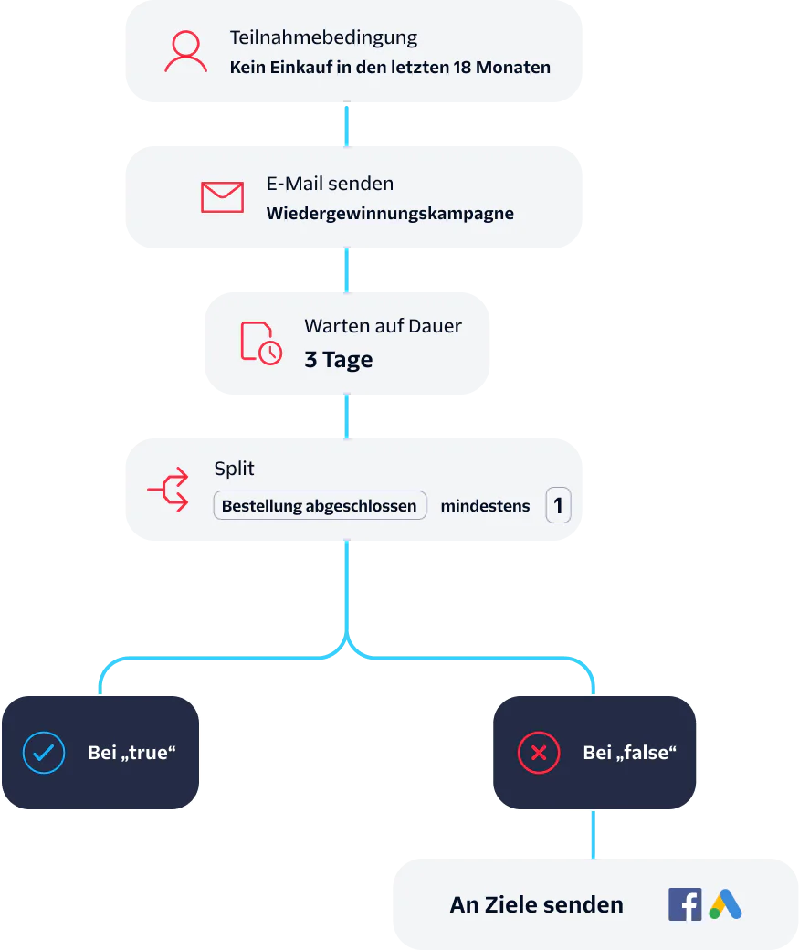 Flowchart depicting the steps for an email re-engagement campaign based on user purchase activity.