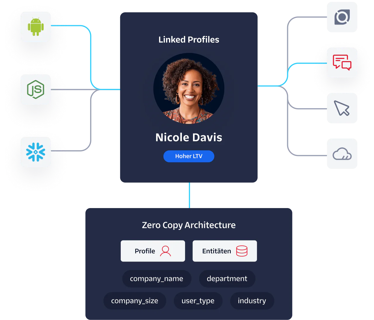 Diagram showing linked profiles and zero copy architecture with connected entities and key details.