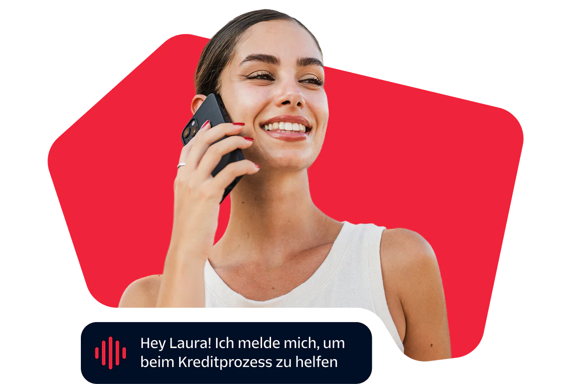 Woman smiling while talking on the phone about a loan process