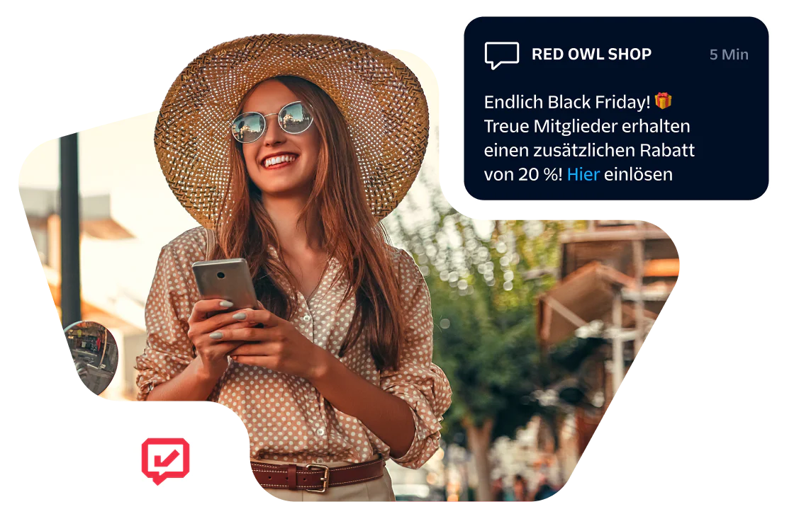 Woman wearing sunglasses and hat, holding smartphone with Black Friday sale notification on-screen.