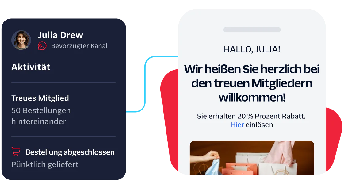 Screenshot showing Julia Drew's order status and a welcome message with a 20% off offer.