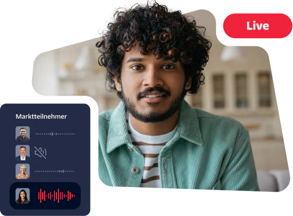 Person in green shirt on a live video call with three participants shown in a sidebar