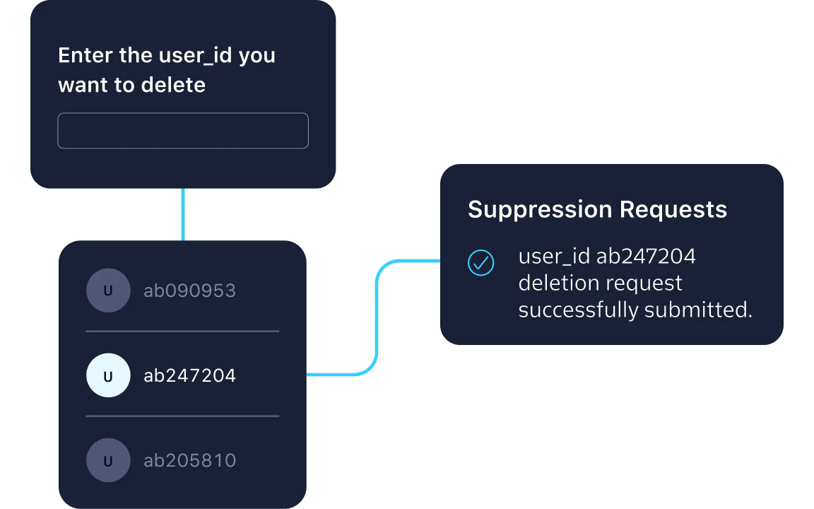 Interface showing steps to delete a user with a successful suppression request message.