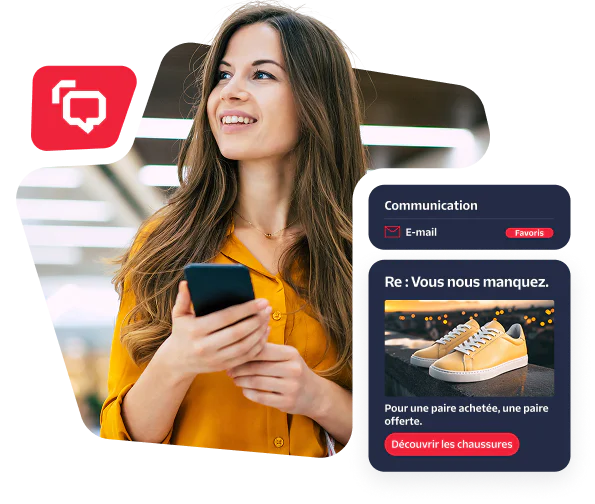 Smiling woman holding phone next to shoe ad with We miss you message.