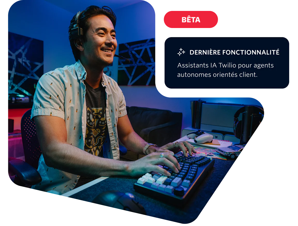 Programmer Testing Twilio AI Assistants Feature A man at a computer desk testing the Twilio AI Assistants feature in a beta environment.