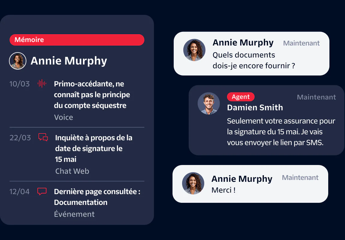Messaging interface showing a conversation between Annie Murphy and Agent Damien Smith with task details.