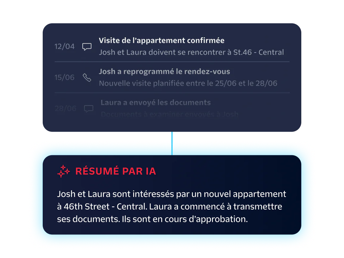 Timeline of Josh and Laura's apartment search with key updates and an AI-generated summary.