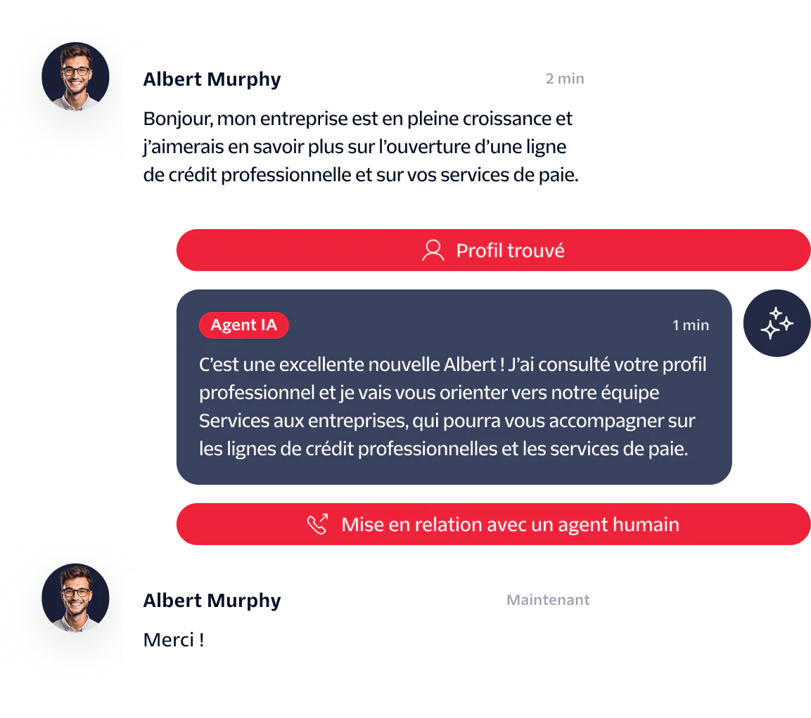 Chat exchange where Albert Murphy asks about business services, AI agent finds profile, then escalates to human agent.