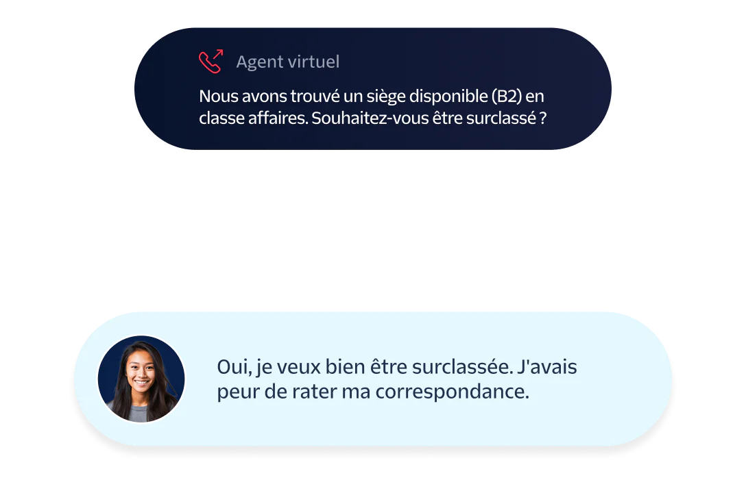 A virtual agent conversation offering a business class upgrade with a passenger accepting the offer.