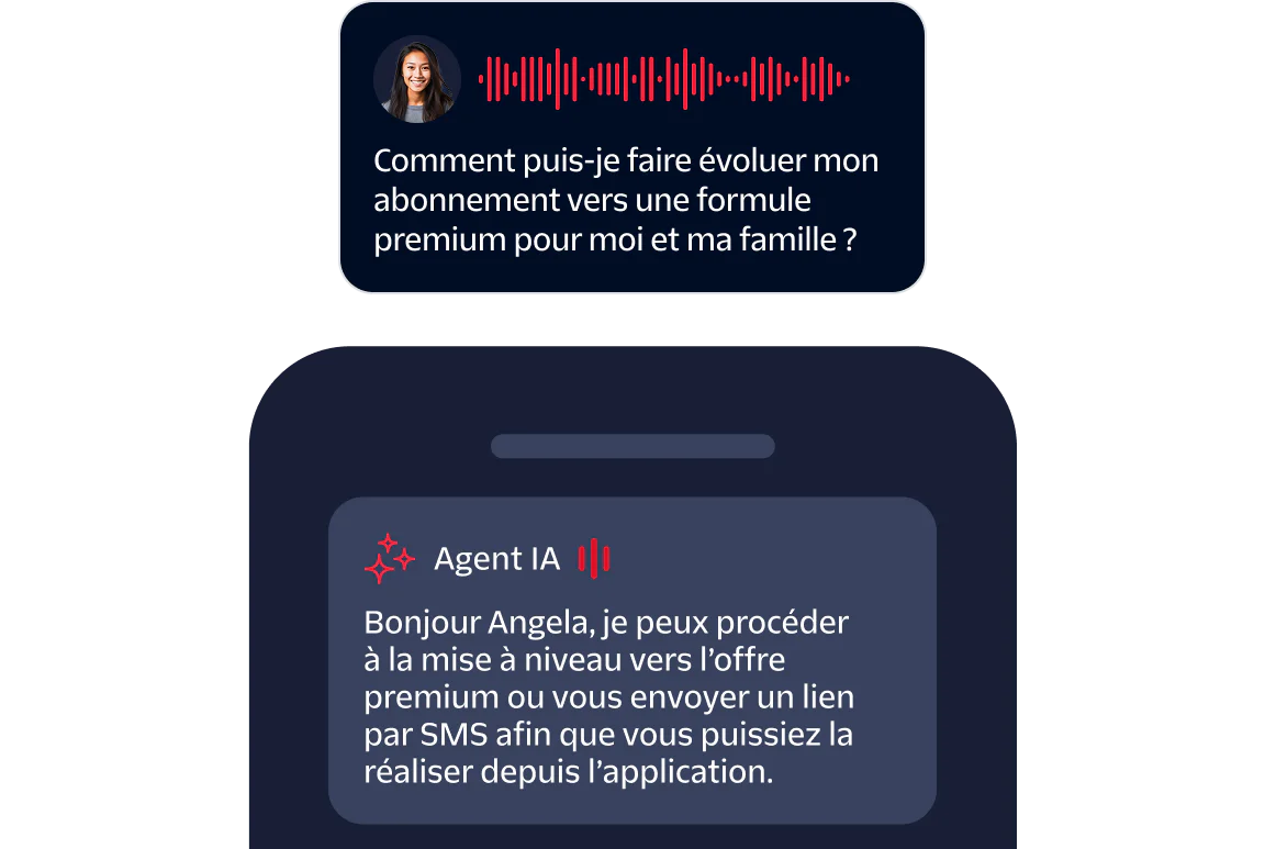 Chat interface showing user asking about premium plan upgrade and AI agent responding with options