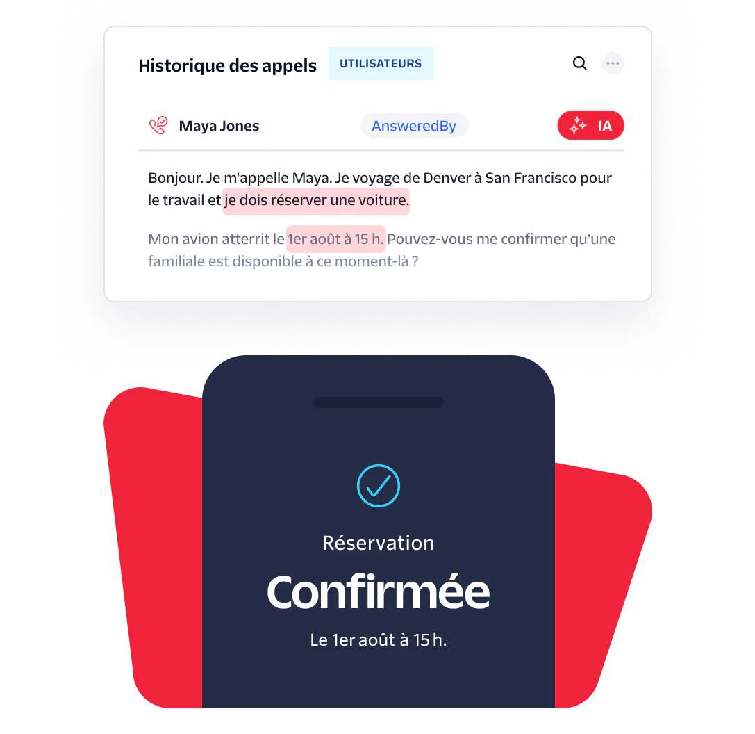 Interface showing a customer request to reserve a car and a confirmed reservation notification.