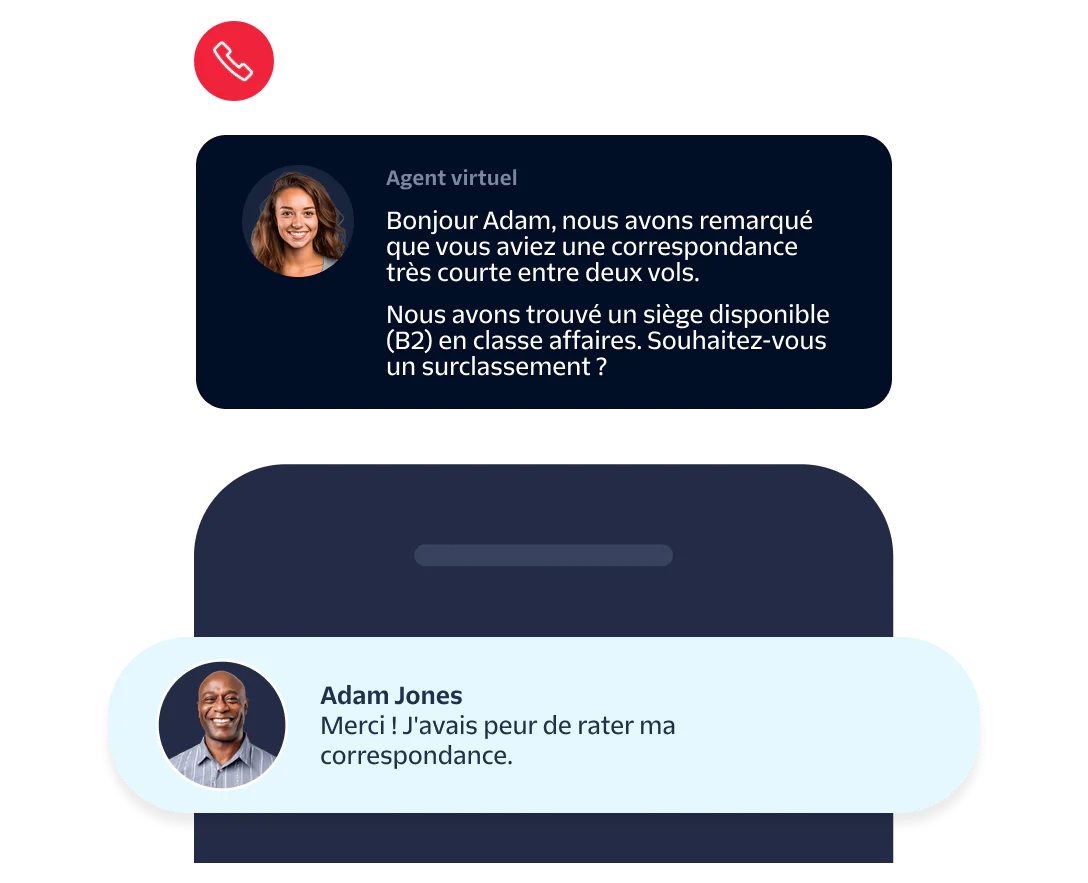 Virtual agent offers business class upgrade to concerned passenger Adam Jones in a chat interface.