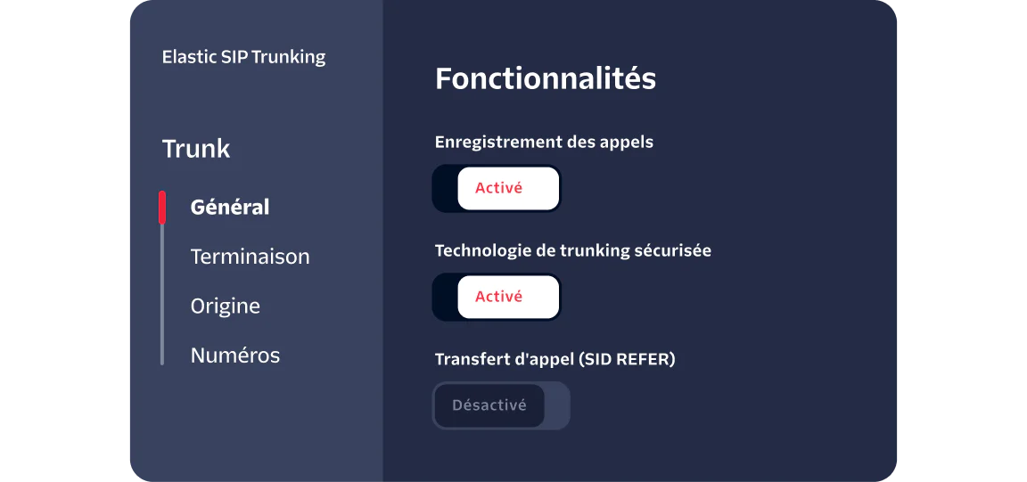 Dashboard displaying SIP trunking options with call recording and secure trunking enabled, and call transfer disabled.