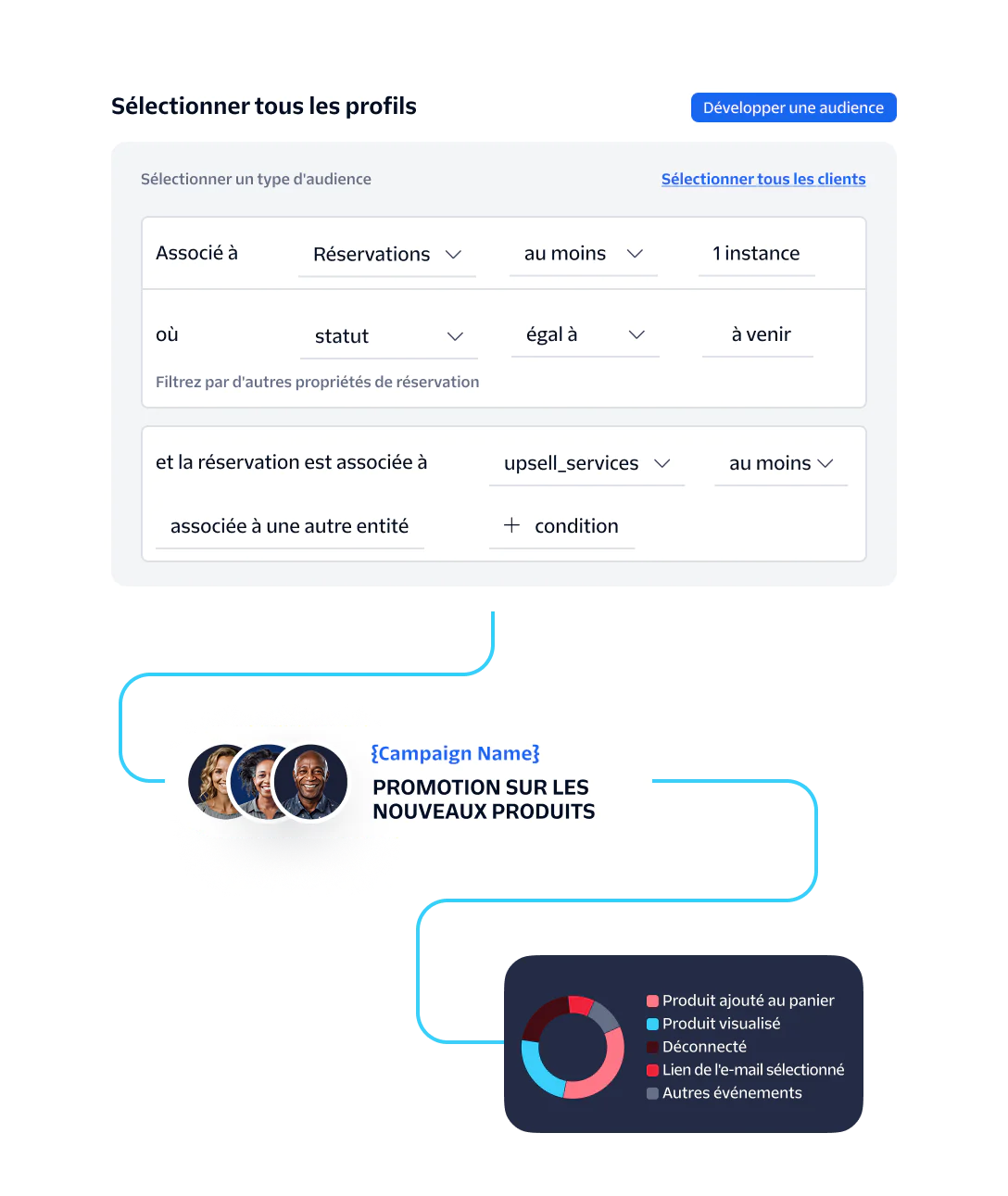 Audience Segmentation and Campaign Promotion Workflow UI interface for audience selection, campaign promotion flowchart, and analytics pie chart