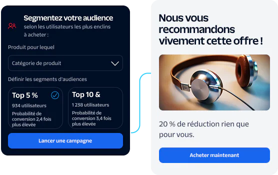 Interface showing audience targeting and product recommendation with headphones on sale.