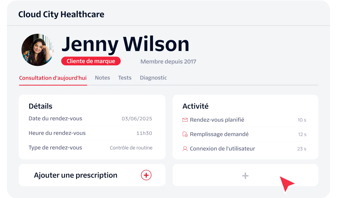 Healthcare Dashboard for Jenny Wilson Cloud City Healthcare dashboard for Jenny Wilson showing appointment and activity details.